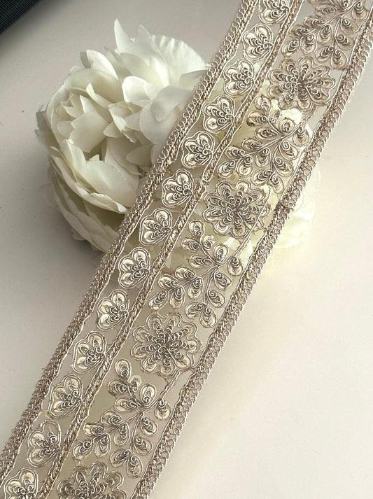 Indian Zari Embroidery & Sequin Cutwork Trim Pale Gold Traditional Trim
