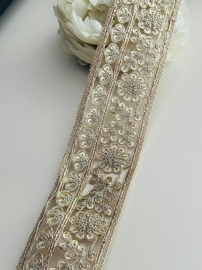 Indian Zari Embroidery & Sequin Cutwork Trim Pale Gold Traditional Trim