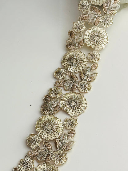 Zari Appliqué Floral Cutwork Light Gold Indian Embroidered Sequence Ribbon 5cm
