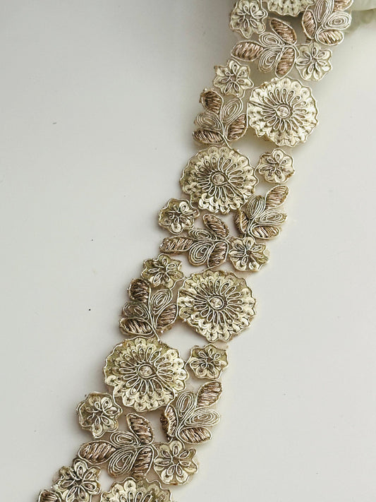 Zari Appliqué Floral Cutwork Light Gold Indian Embroidered Sequence Ribbon 5cm