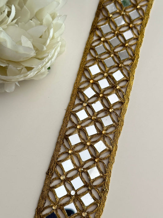 Mirror & Zircon Stonework Ribbon Dull Gold Sari Trim Cutwork Lace