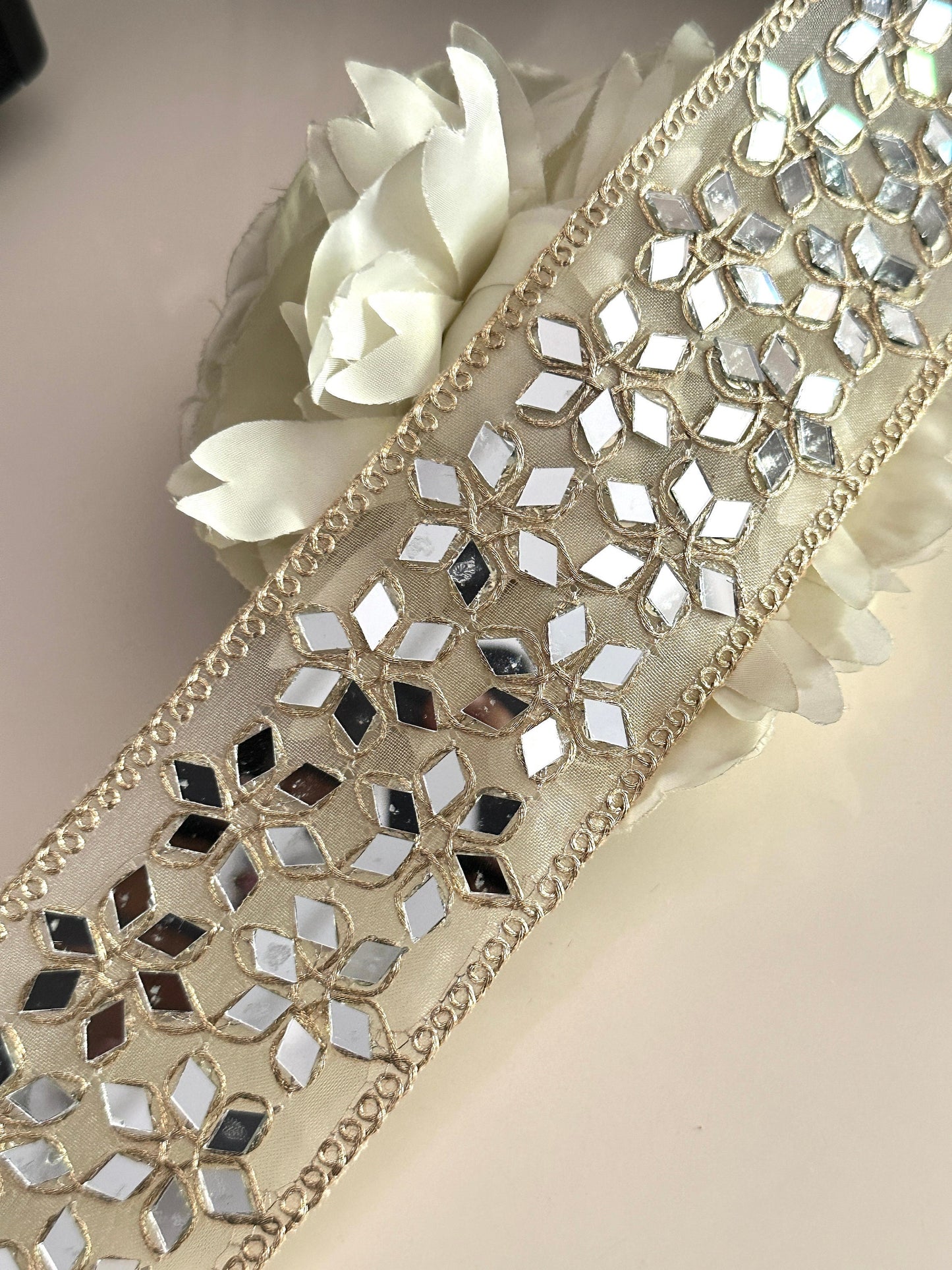 Indian Mirror Embellished Band Geometric Flower 6.5cm Choker Mirror Ribbon