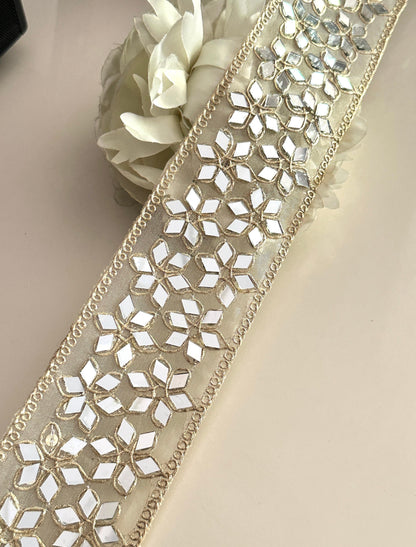 Indian Mirror Embellished Band Geometric Flower 6.5cm Choker Mirror Ribbon