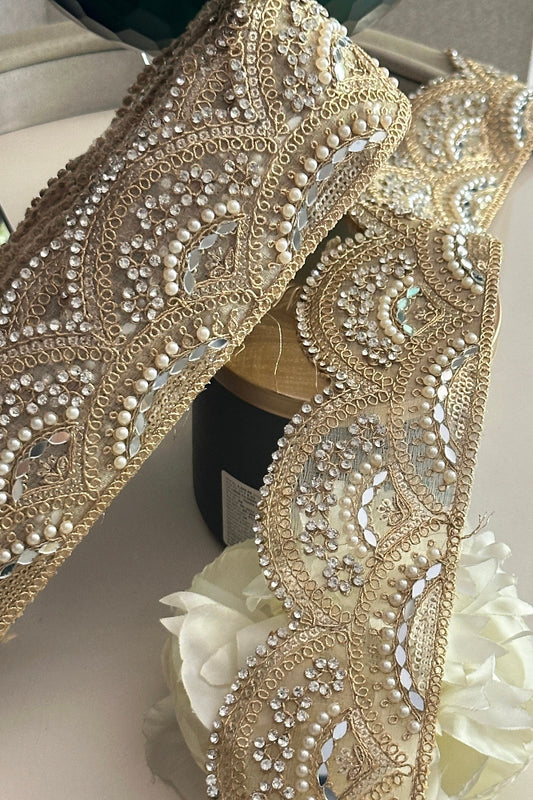 Scalloped Zircon and Mirror Embellished Pearl Sari Indian Border Indian Dupatta Lace