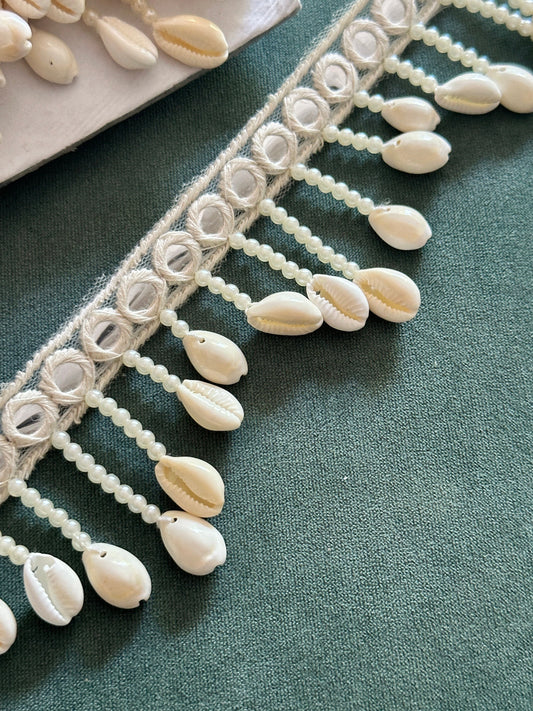 White Pearl & Cowri Shell Decorative Tassel Mirror Tassel Boho Edging Latkan Trim