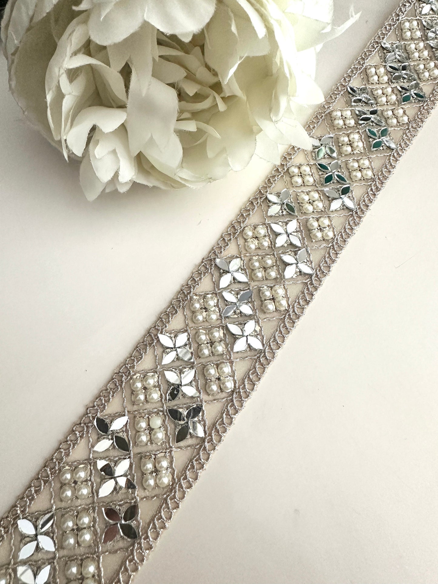 Gold Mirror And Pearl Embellished Indian Sari Border Decorative Saree Ribbon