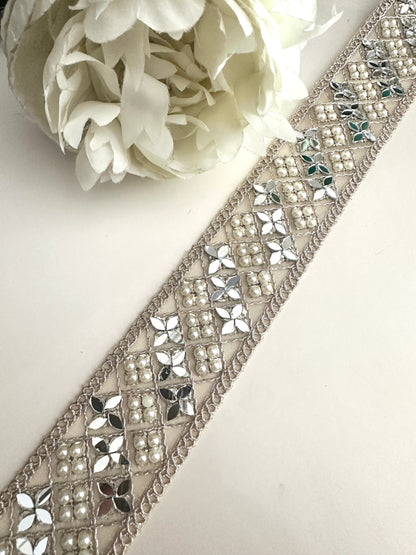 Gold Mirror And Pearl Embellished Indian Sari Border Decorative Saree Ribbon