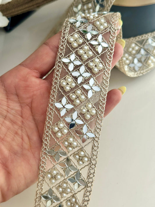 Gold Mirror And Pearl Embellished Indian Sari Border Decorative Saree Ribbon