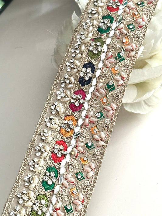 Pearl Embellished Colourful Indian Embroidery ribbon 5.5cm Premium Lace trim