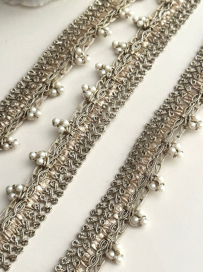 Pearl Bead Indian Metallic Thread Lace Indian Embroidered Sari Border Edging Lace