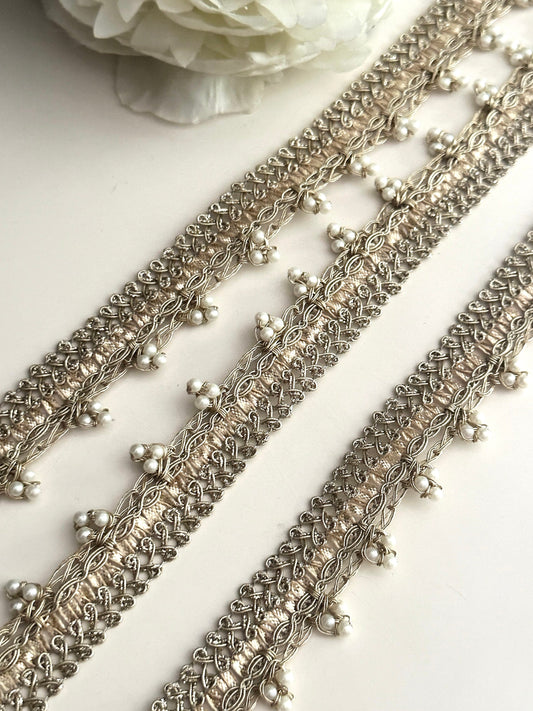 Pearl Bead Indian Metallic Thread Lace Indian Embroidered Sari Border Edging Lace