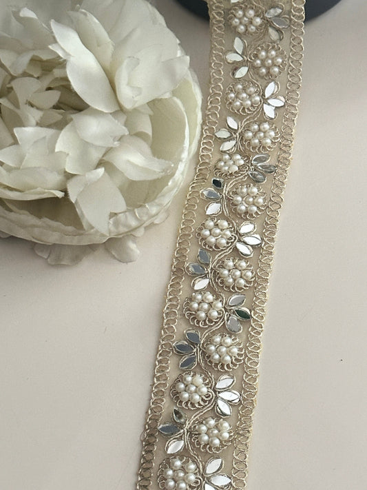 Pearl Gold Indian Embroidered Mirror Work Trim Zari Embroidery Vine Pattern
