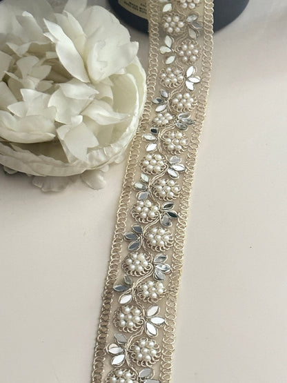 Pearl Gold Indian Embroidered Mirror Work Trim Zari Embroidery Vine Pattern