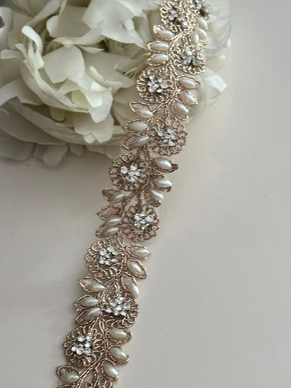 Rose Gold Pearl Crystal Embroidered Lace Pearl Embroidered Band Zari Embellish