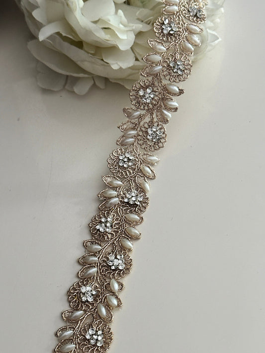 Rose Gold Pearl Crystal Embroidered Lace Pearl Embroidered Band Zari Embellish