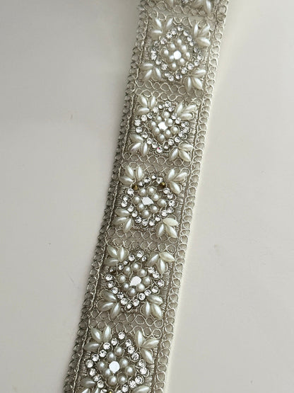 Silver pearl and crystal zircon 4.5cm embellished Indian border By yard sari trim