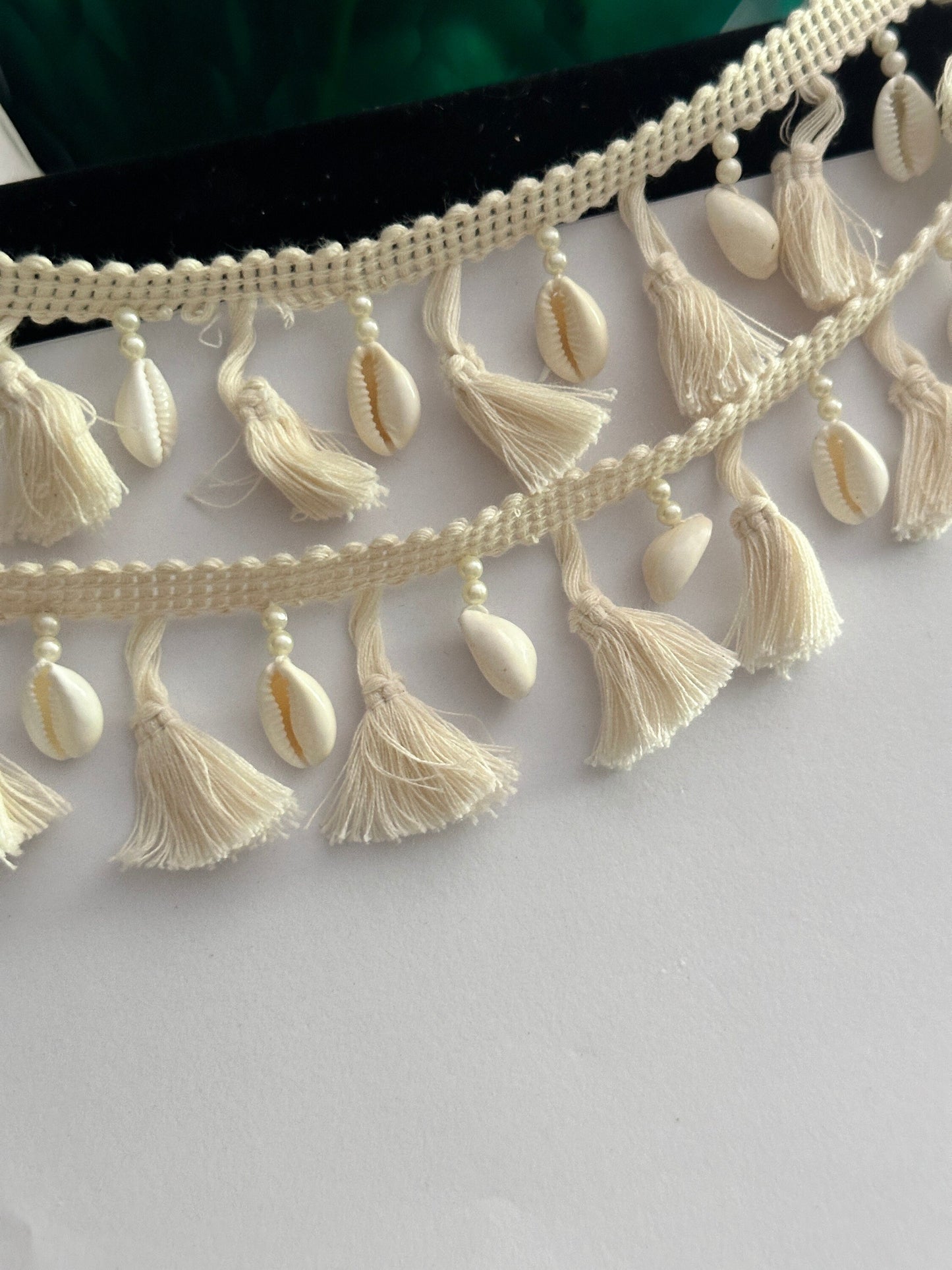 Cotton White Suspended Tassel Cowri Shell & Pearl Bead Decorative Tassel Trim 4cm