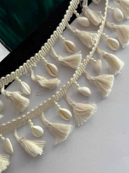 Cotton White Suspended Tassel Cowri Shell & Pearl Bead Decorative Tassel Trim 4cm