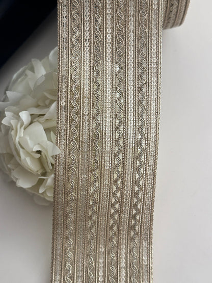 Pale Gold Metallic Woven Sequin Trim Indian Zari Band 6.5cm Embroidered Ribbon