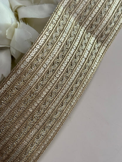 Pale Gold Metallic Woven Sequin Trim Indian Zari Band 6.5cm Embroidered Ribbon