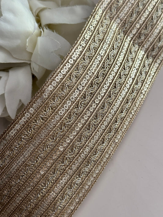 Pale Gold Metallic Woven Sequin Trim Indian Zari Band 6.5cm Embroidered Ribbon