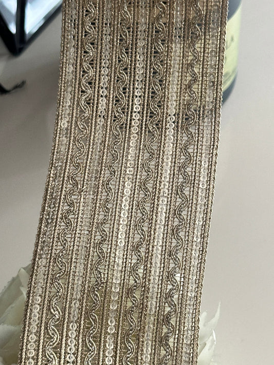 Pale Gold Metallic Woven Sequin Trim Indian Zari Band 6.5cm Embroidered Ribbon