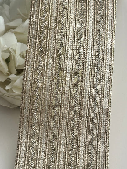 Pale Gold Metallic Woven Sequin Trim Indian Zari Band 6.5cm Embroidered Ribbon