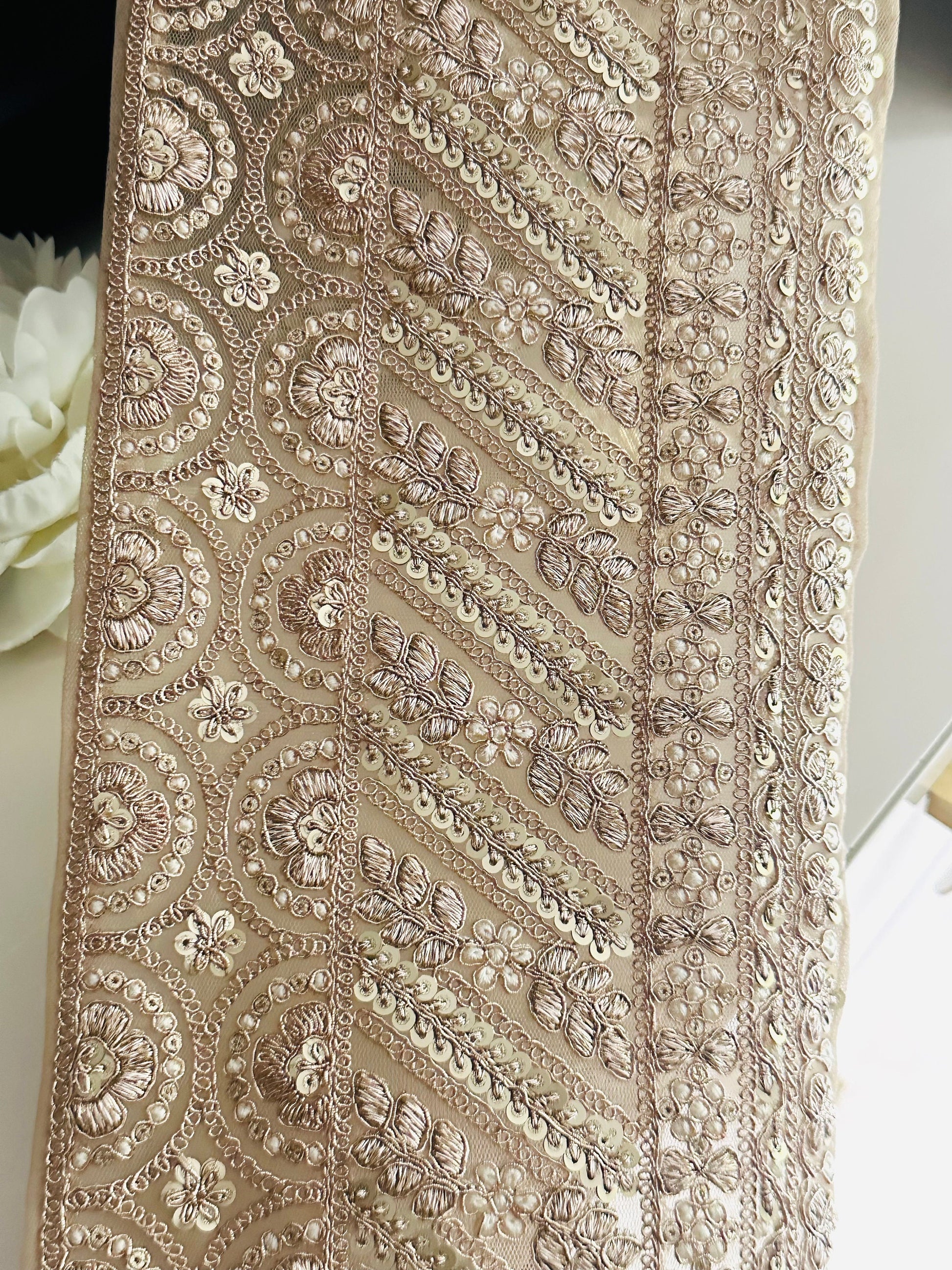 17cm Creme Gold Zari Sequin Embroidered Cutwork Trim Broad Sari Border for Indian Wedding Dress DIY Sewing & Crafting Embellishments By Yard