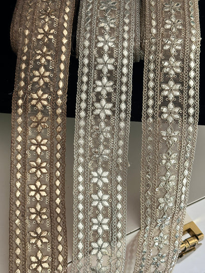Hand-Embroidered Gota Border Sheer Trim 5cm with Silver Zari Indian Traditional Border