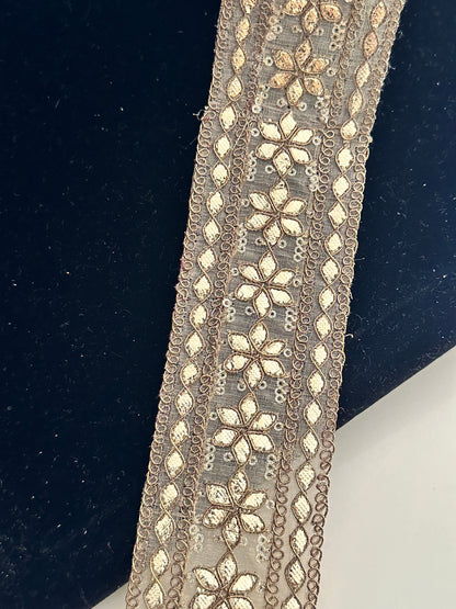 Hand-Embroidered Gota Border Sheer Trim 5cm with Silver Zari Indian Traditional Border