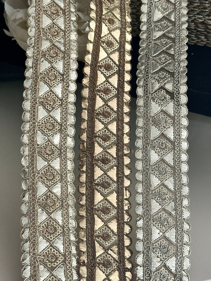 Gota Patti Embroidered Indian Border Trim 3cm in Silver Water Gold and Antique Brown