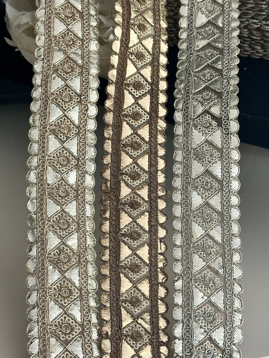 Gota Patti Embroidered Indian Border Trim 3cm in Silver Water Gold and Antique Brown