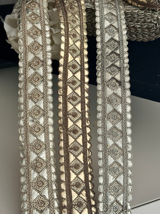 Gota Patti Embroidered Indian Border Trim 3cm in Silver Water Gold and Antique Brown