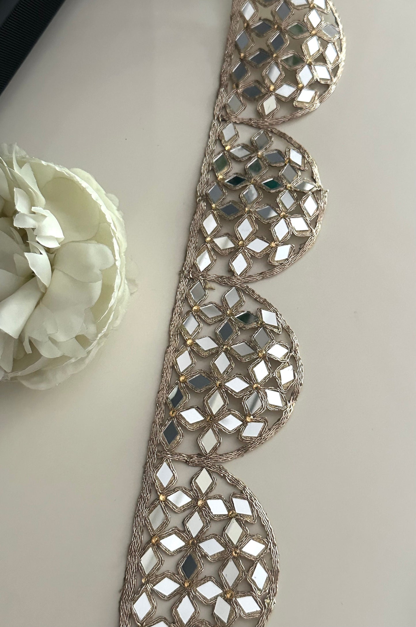 Mirror Work Border 7cm Scallop Rose Gold Hand Crafted For Mirror Belt Kaftans saree Suit Neck