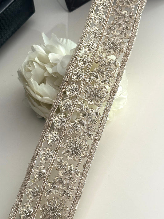Indian Zari Embroidery & Sequin Cutwork Trim Pale Gold Traditional Trim