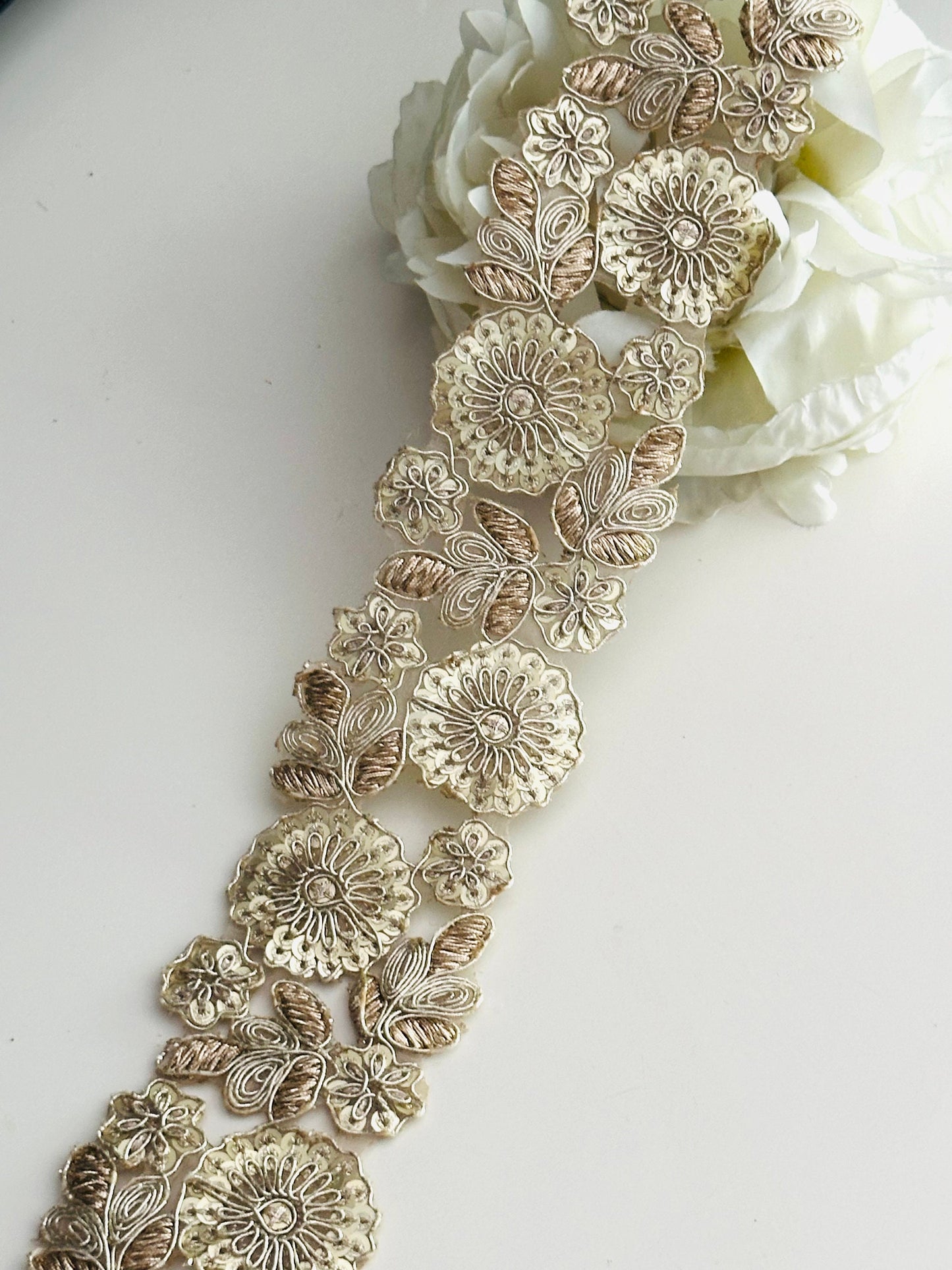 Zari Appliqué Floral Cutwork Light Gold Indian Embroidered Sequence Ribbon 5cm
