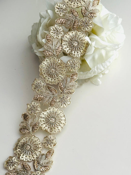 Zari Appliqué Floral Cutwork Light Gold Indian Embroidered Sequence Ribbon 5cm