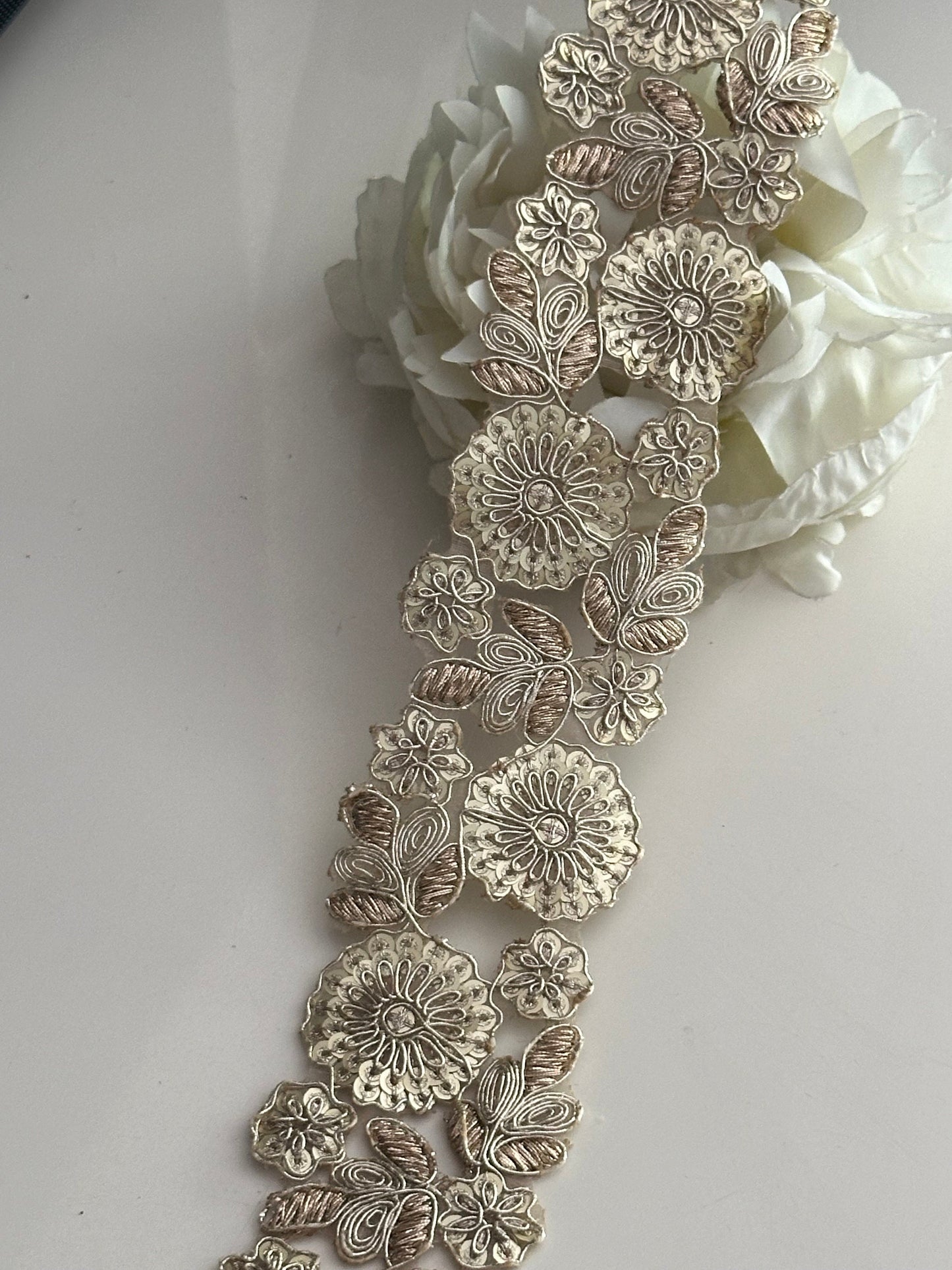 Zari Appliqué Floral Cutwork Light Gold Indian Embroidered Sequence Ribbon 5cm