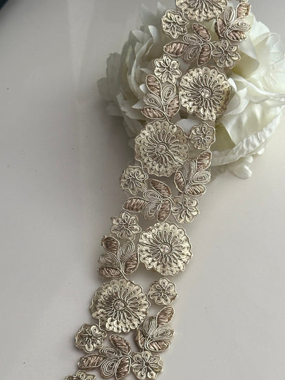 Zari Appliqué Floral Cutwork Light Gold Indian Embroidered Sequence Ribbon 5cm