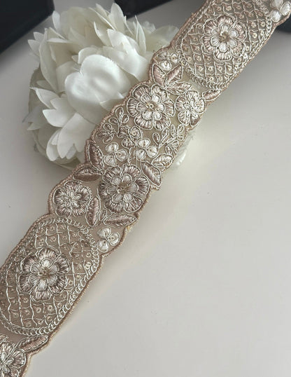 5cm Indian Embroidered Zari Work Pale Gold Floral Trim Sari Border Traditional Embossed