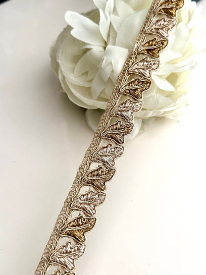 Metallic Leaf Pattern Indian Fabric Trim Edging Lace & Craft Supply For Festive Wear Bridal Gown