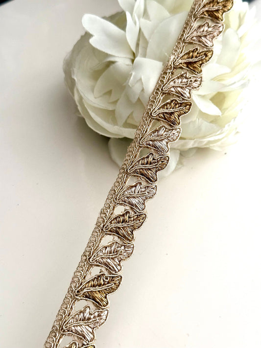 Metallic Leaf Pattern Indian Fabric Trim Edging Lace & Craft Supply For Festive Wear Bridal Gown