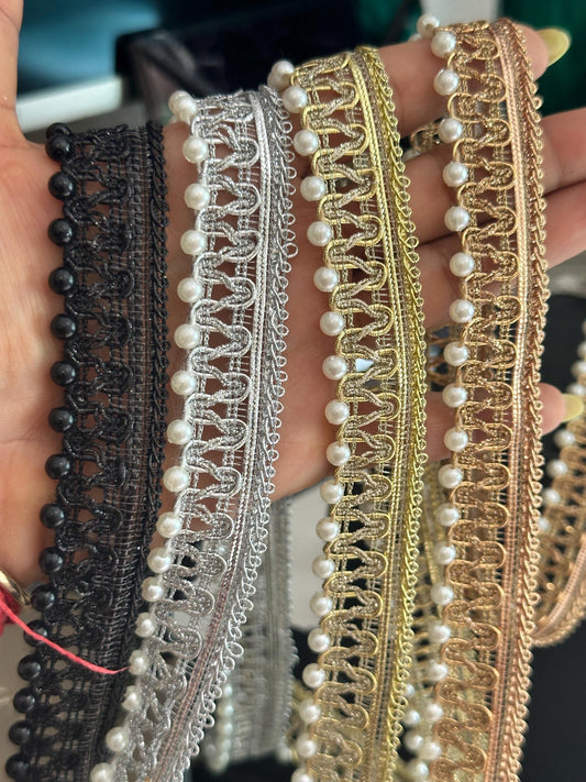 Pearl Beaded Lace Metallic Trim Pearl Lace Border Bridal Costume Trim Tassel Pearl Edging Lace
