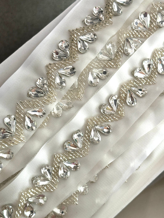 Silver Crystal Rhinestone Beaded Applique Trim 2cm Handmade Bridal Crystal Rhinestone Lace