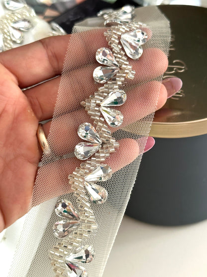 Silver Crystal Rhinestone Beaded Applique Trim 2cm Handmade Bridal Crystal Rhinestone Lace