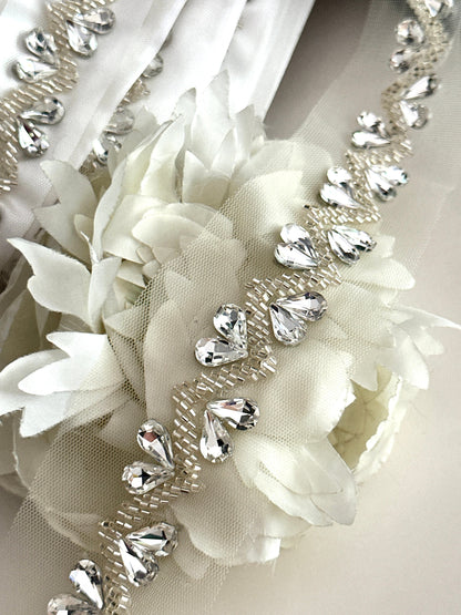Silver Crystal Rhinestone Beaded Applique Trim 2cm Handmade Bridal Crystal Rhinestone Lace