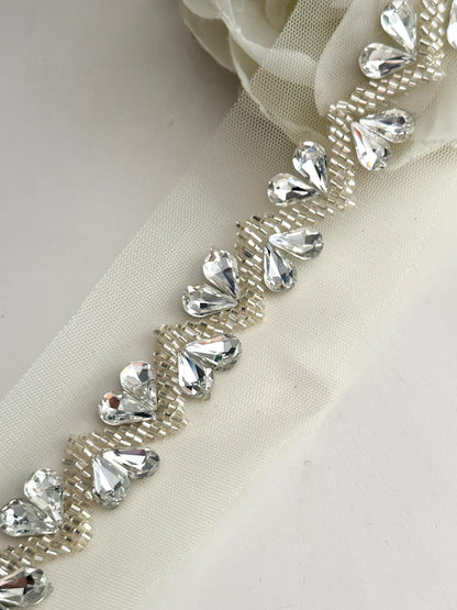 Silver Crystal Rhinestone Beaded Applique Trim 2cm Handmade Bridal Crystal Rhinestone Lace