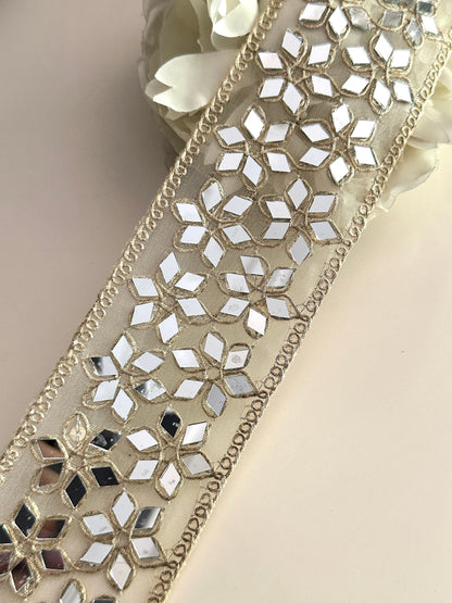 Indian Mirror Embellished Band Geometric Flower 6.5cm Choker Mirror Ribbon