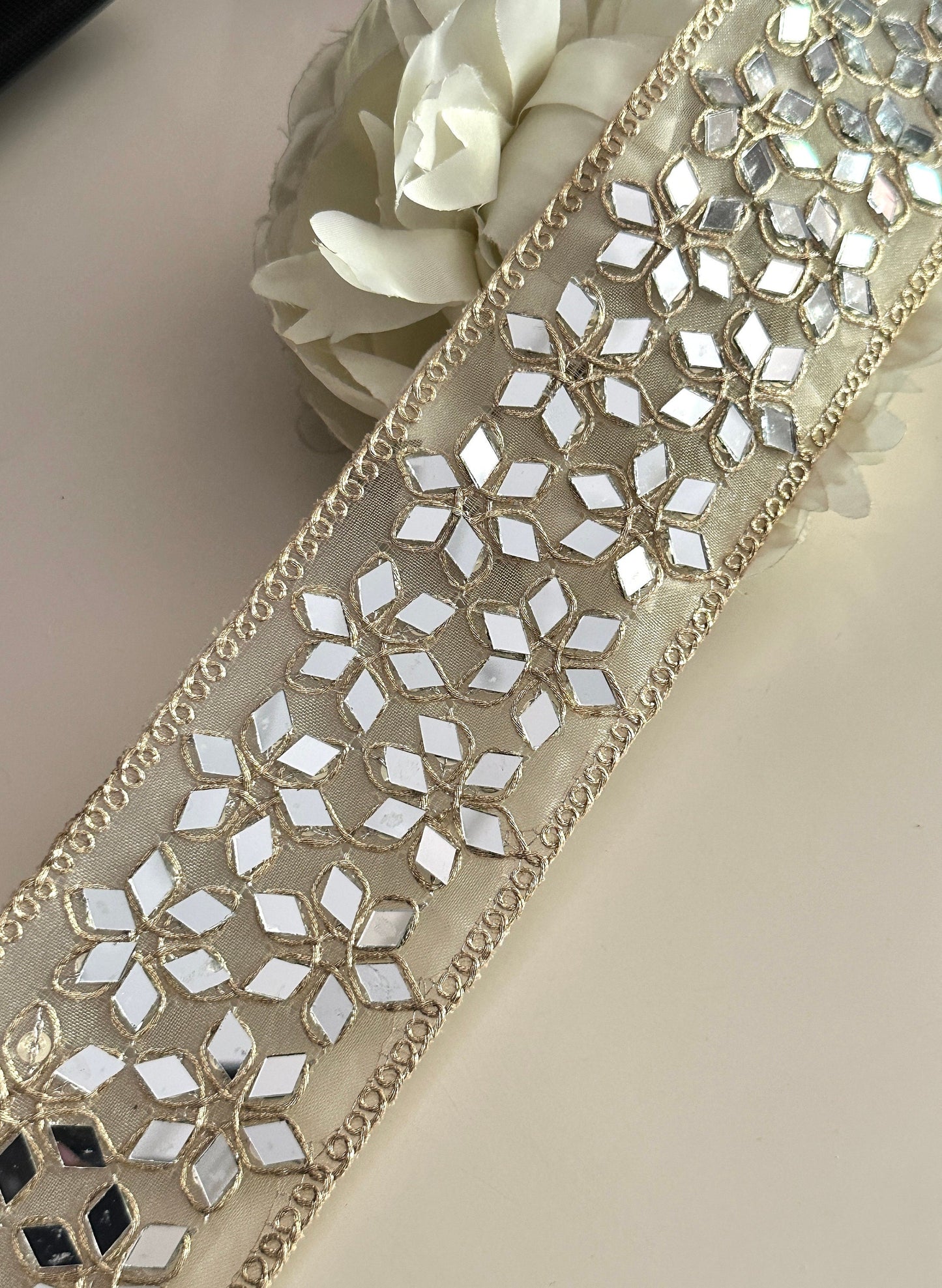 Indian Mirror Embellished Band Geometric Flower 6.5cm Choker Mirror Ribbon