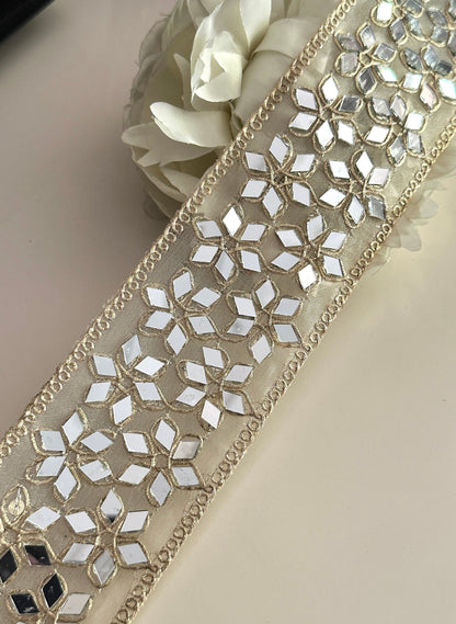Indian Mirror Embellished Band Geometric Flower 6.5cm Choker Mirror Ribbon